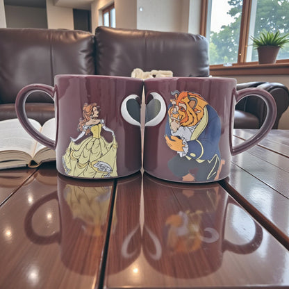 Beauty & The Beast Couple Mugs – Romantic Matching Ceramic Coffee Cups with Heart-Shaped Design (H9 x L13 x W9 CM) - Damoo