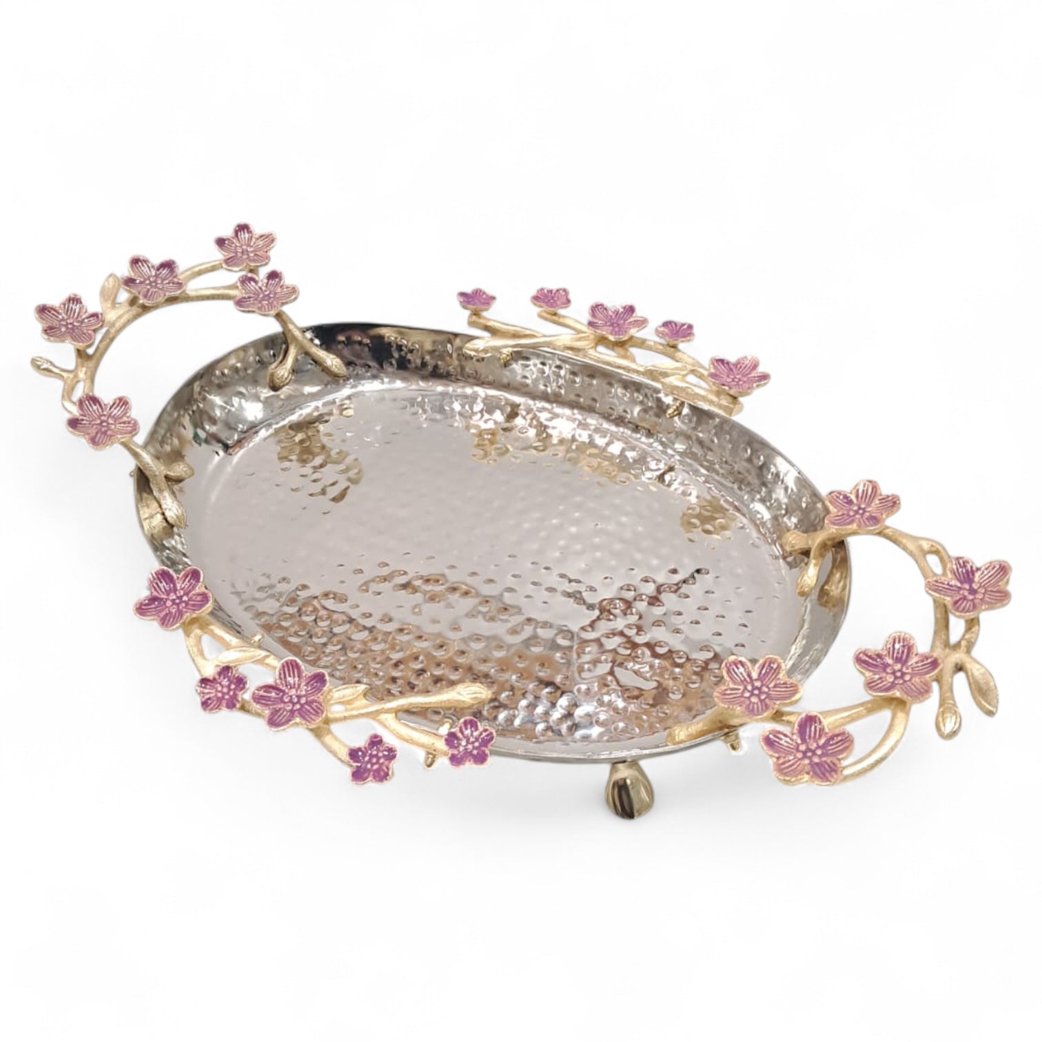 Elongated Hammered Oval Tray with Pink Floral Accents – Stainless Steel & Brass Decorative Serving Platter | Elegant Food-Safe Table Centerpiece - Damoo