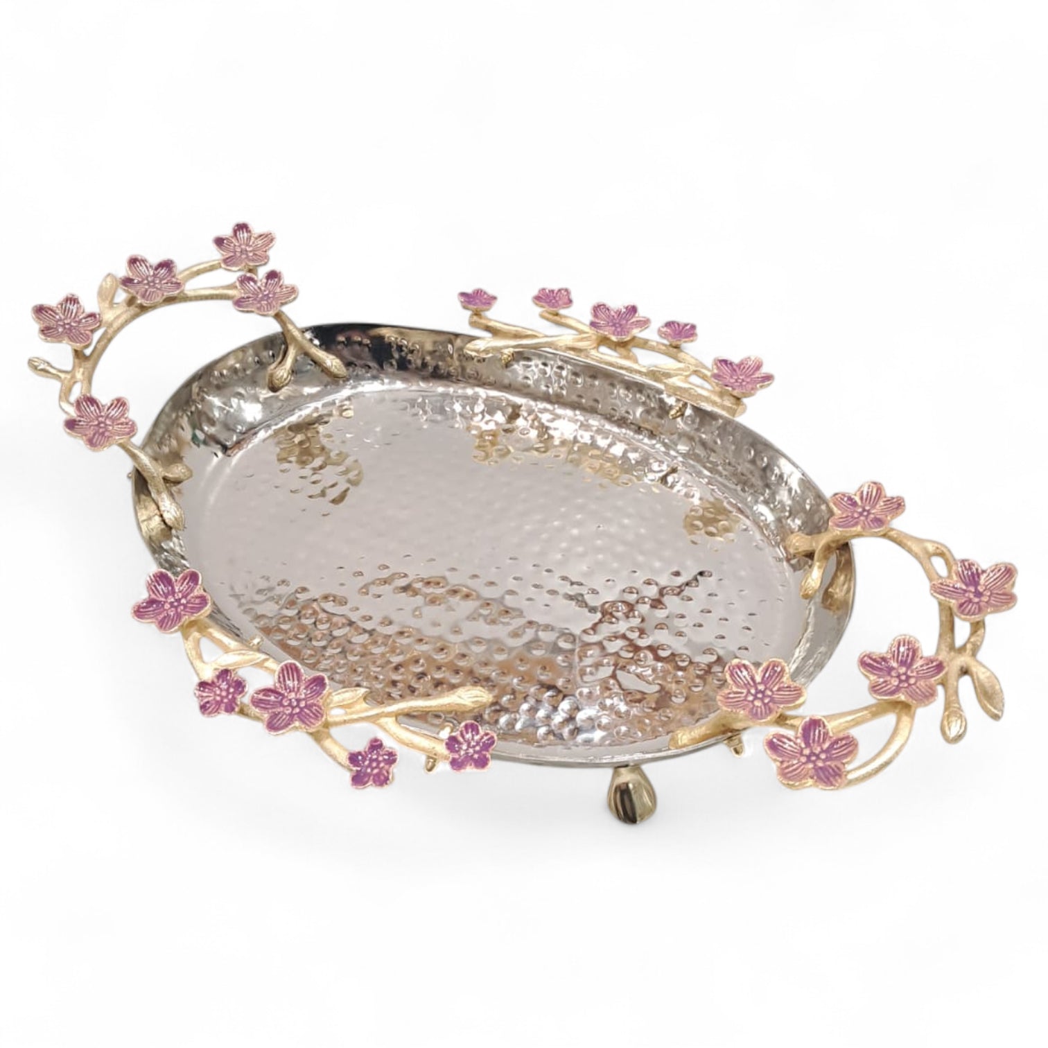 Elongated Hammered Oval Tray with Pink Floral Accents – Stainless Steel & Brass Decorative Serving Platter | Elegant Food-Safe Table Centerpiece - Damoo