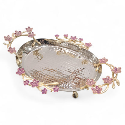 Elongated Hammered Oval Tray with Pink Floral Accents – Stainless Steel & Brass Decorative Serving Platter | Elegant Food-Safe Table Centerpiece - Damoo