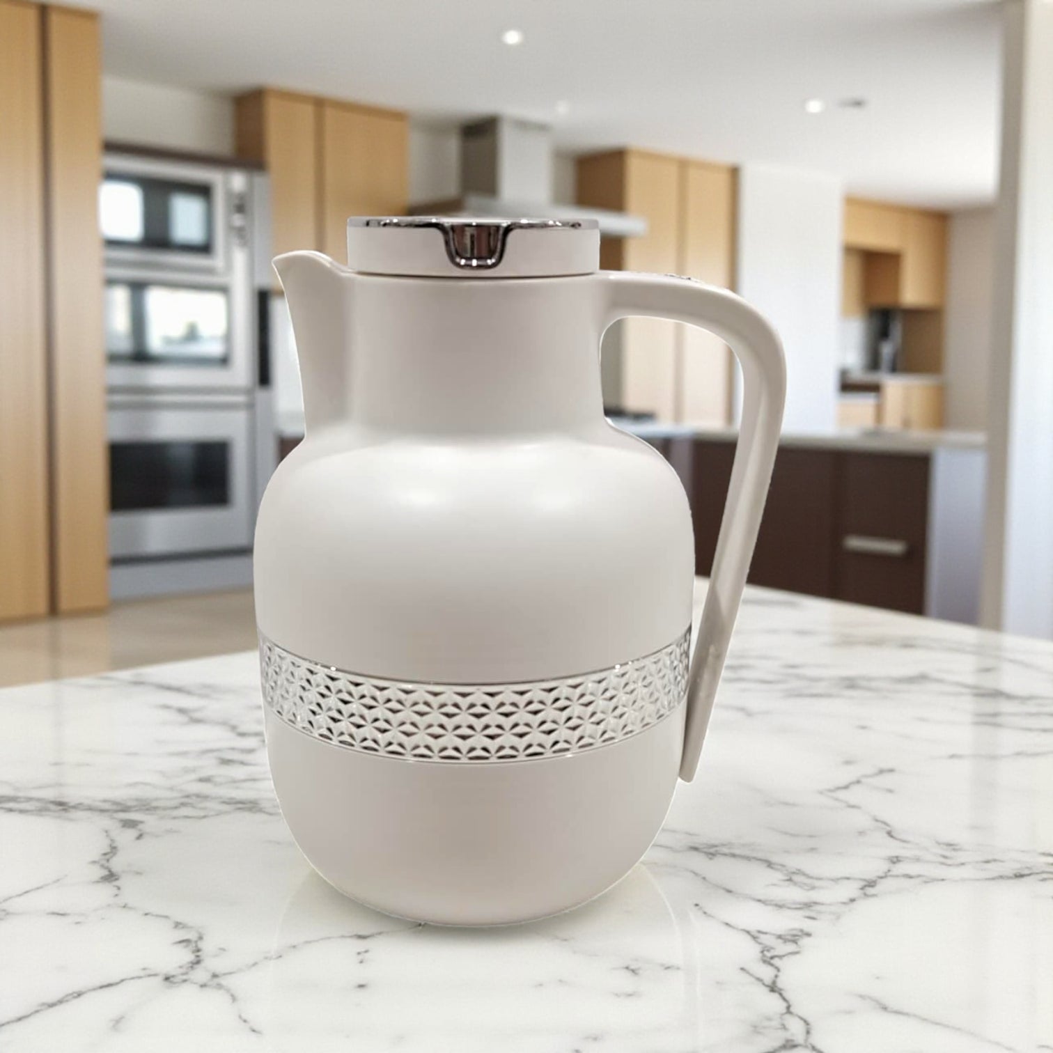 Ansa Original White Vacuum Flask 1L – Luxury Gold & Silver Band Thermos | Premium Insulated Glass Liner | 12H Heat Retention | Arabic Coffee & Tea Pot - Damoo