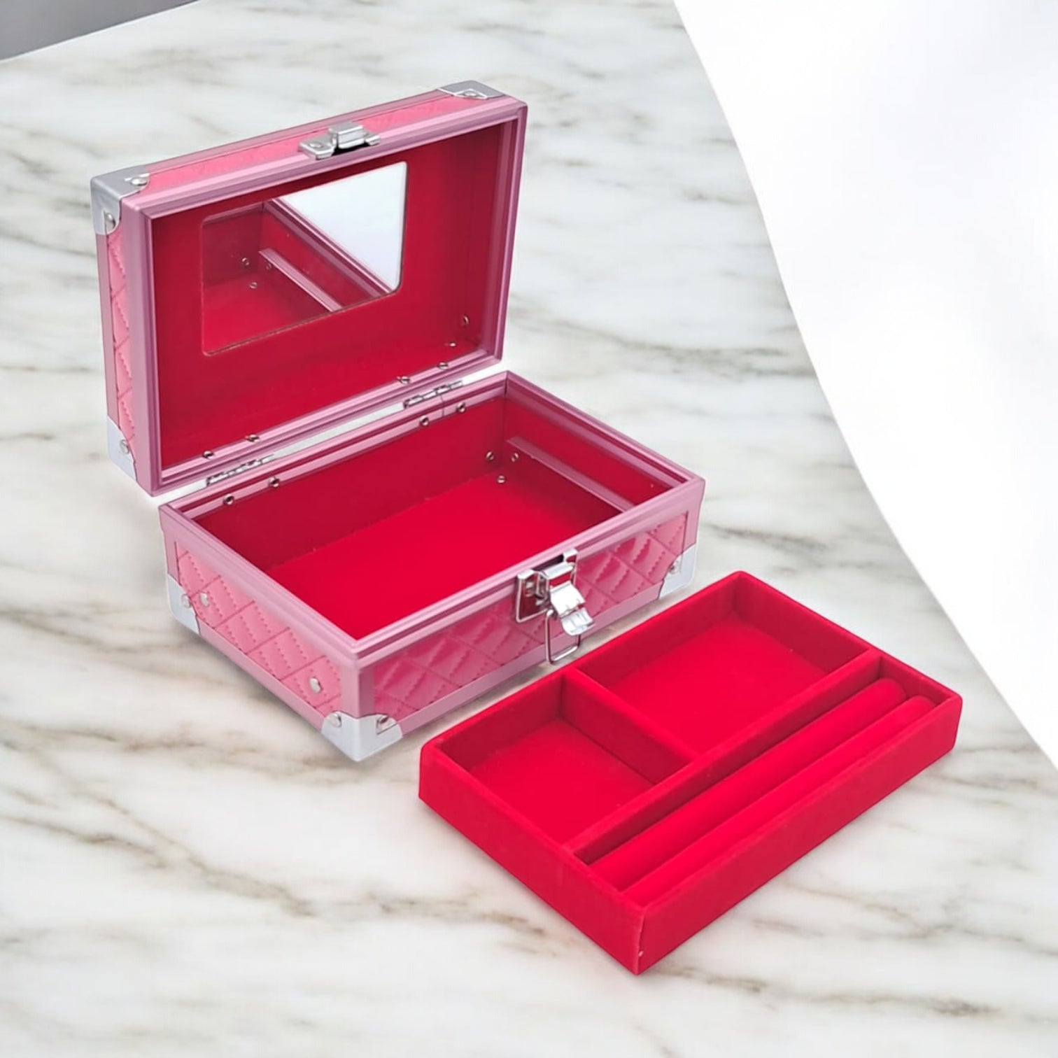Premium Aluminum Jewelry Storage Box with Mirror & Removable Velvet Organizer – Compact Makeup & Accessories Case (H14cm x W13cm x L18cm) - Damoo
