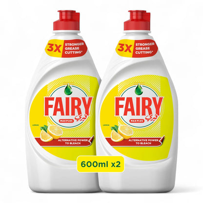 Fairy Max Plus Lemon Dishwashing Liquid – Bleach Alternative Power, 2 x 600ml – Removes Grease & 99% of Bacteria & Viruses – Sparkling Clean Dishes - Damoo