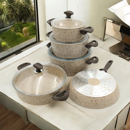 Falez 9-Piece Ultra Non-Stick Granite Cookware Set – Premium Die-Cast Casseroles & Frypan with Glass Lids, Energy-Saving Bottom, PFOA-Free & Eco-Friendly – Made in Turkey - Damoo