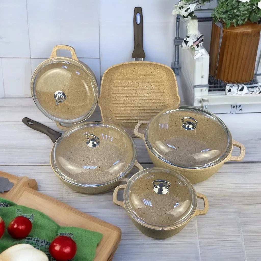 Falez Silico Granetic 9-Piece Cookware Set – Durable Multi Layer Non-Stick Granite Coating with Steam-Vent Pyrex Lids | Made in Turkey - Damoo