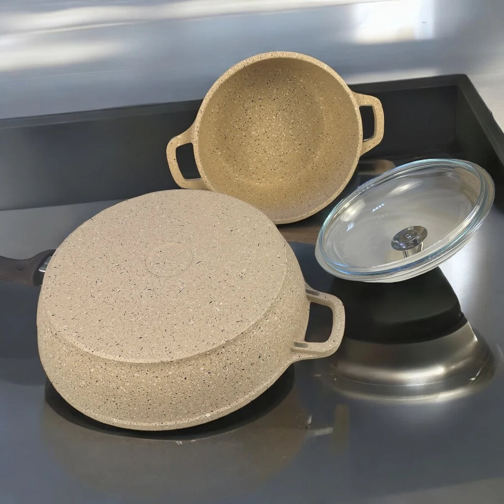 Falez Silico Granetic 9-Piece Cookware Set – Durable Multi Layer Non-Stick Granite Coating with Steam-Vent Pyrex Lids | Made in Turkey - Damoo