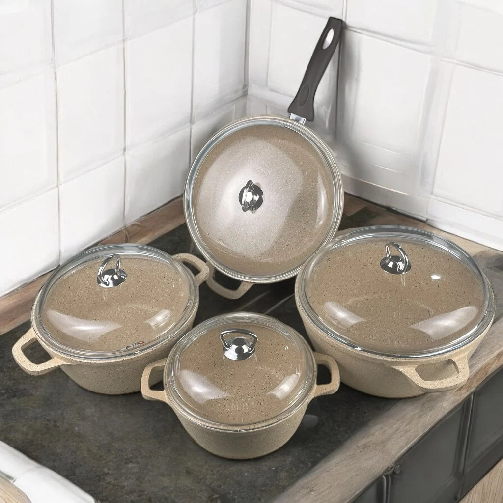 Falez Silico Granetic 9-Piece Cookware Set – Durable Multi Layer Non-Stick Granite Coating with Steam-Vent Pyrex Lids | Made in Turkey - Damoo