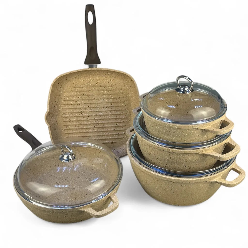 Falez Silico Granetic 9-Piece Cookware Set – Durable Multi Layer Non-Stick Granite Coating with Steam-Vent Pyrex Lids | Made in Turkey - Damoo