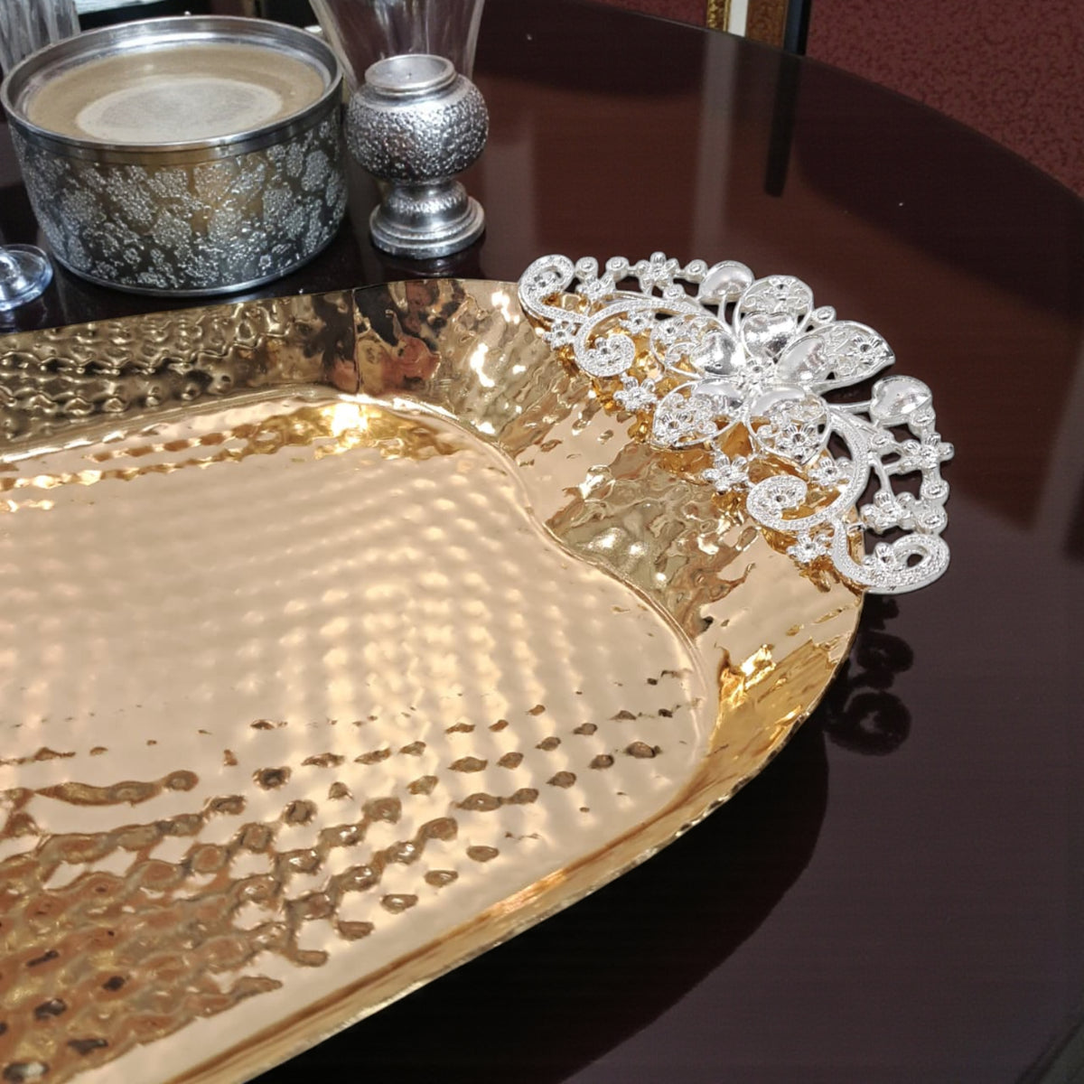 Luxury Rectangular Gold Metal Serving Tray with Decorative Floral Handles – Elegant Table & Event Decor - Damoo