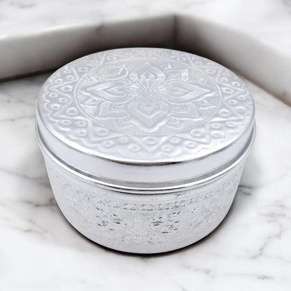 Premium Embossed Aluminum Storage Container with Lid | Decorative Round Metal Box for Sweets, Dates, Spices, Gifts & Home Decor | Lightweight & Durable | H(8cm) x W(15cm) x L(15cm) - Damoo