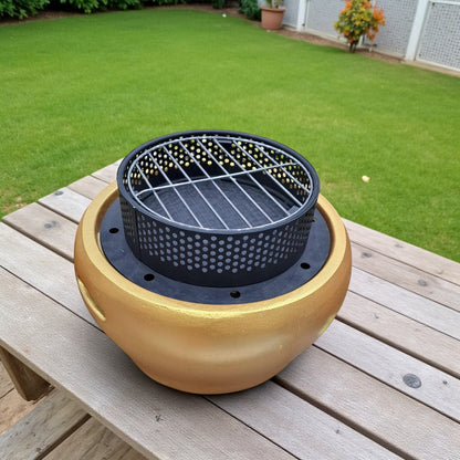 Premium Golden Charcoal BBQ Grill – Portable Round Tabletop Barbecue Stove – Durable Cast Design with Ventilation – W33 x H24 cm