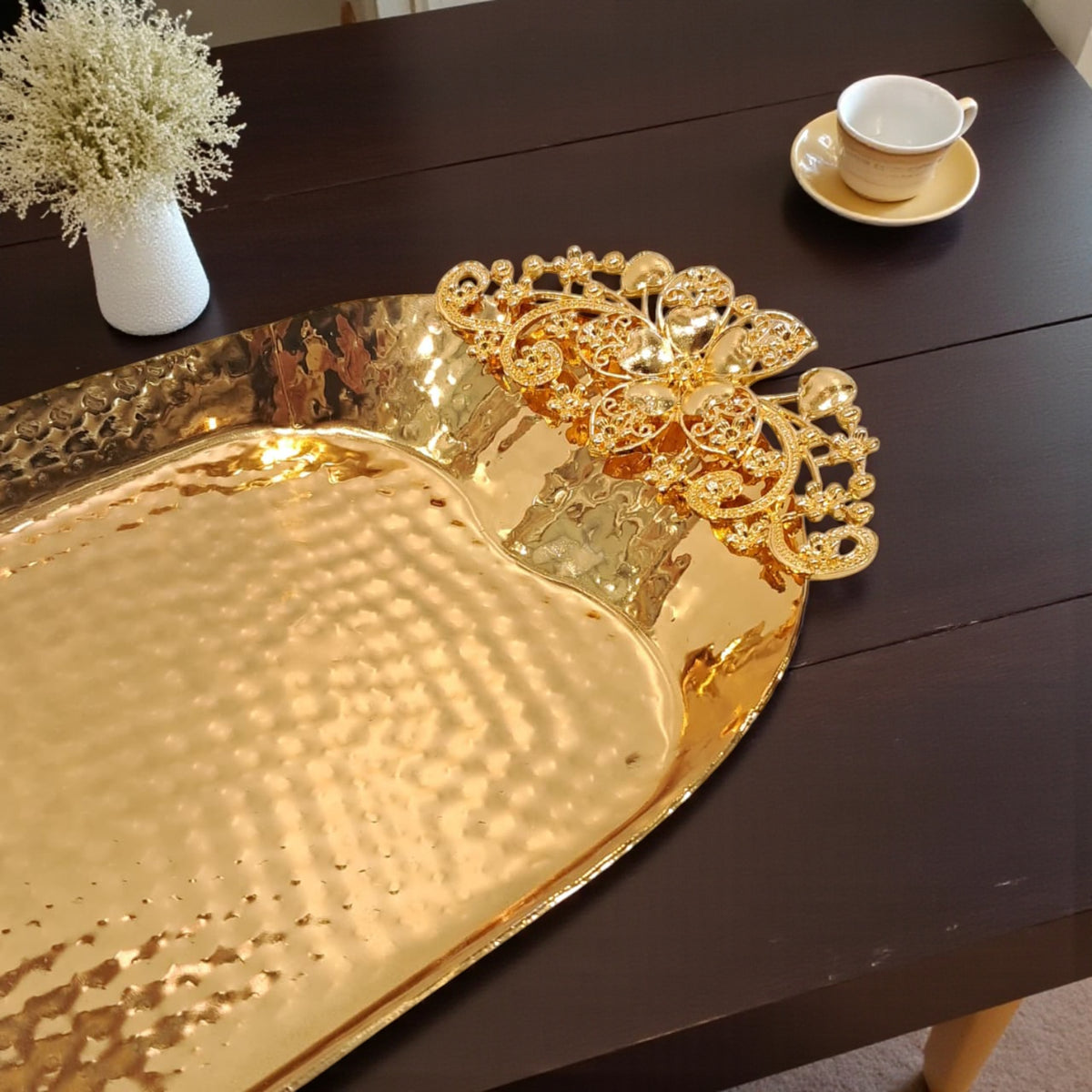 Luxury Rectangular Gold Metal Serving Tray with Decorative Floral Handles – Elegant Table & Event Decor - Damoo