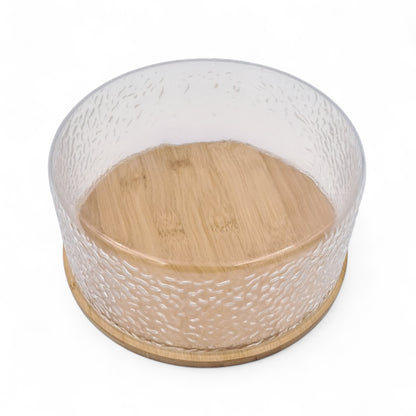 Textured Glass Cake Dome with Bamboo Base | Elegant Serving Display Cover for Cakes, Pastries & Cheese | Eco-Friendly & Modern Kitchenware