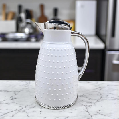 Ansa Premium White Insulated Thermos Flask – Elegant Dotted Design with Chrome or Gold Finish – 1L Vacuum Jug for Hot & Cold Beverages - Damoo