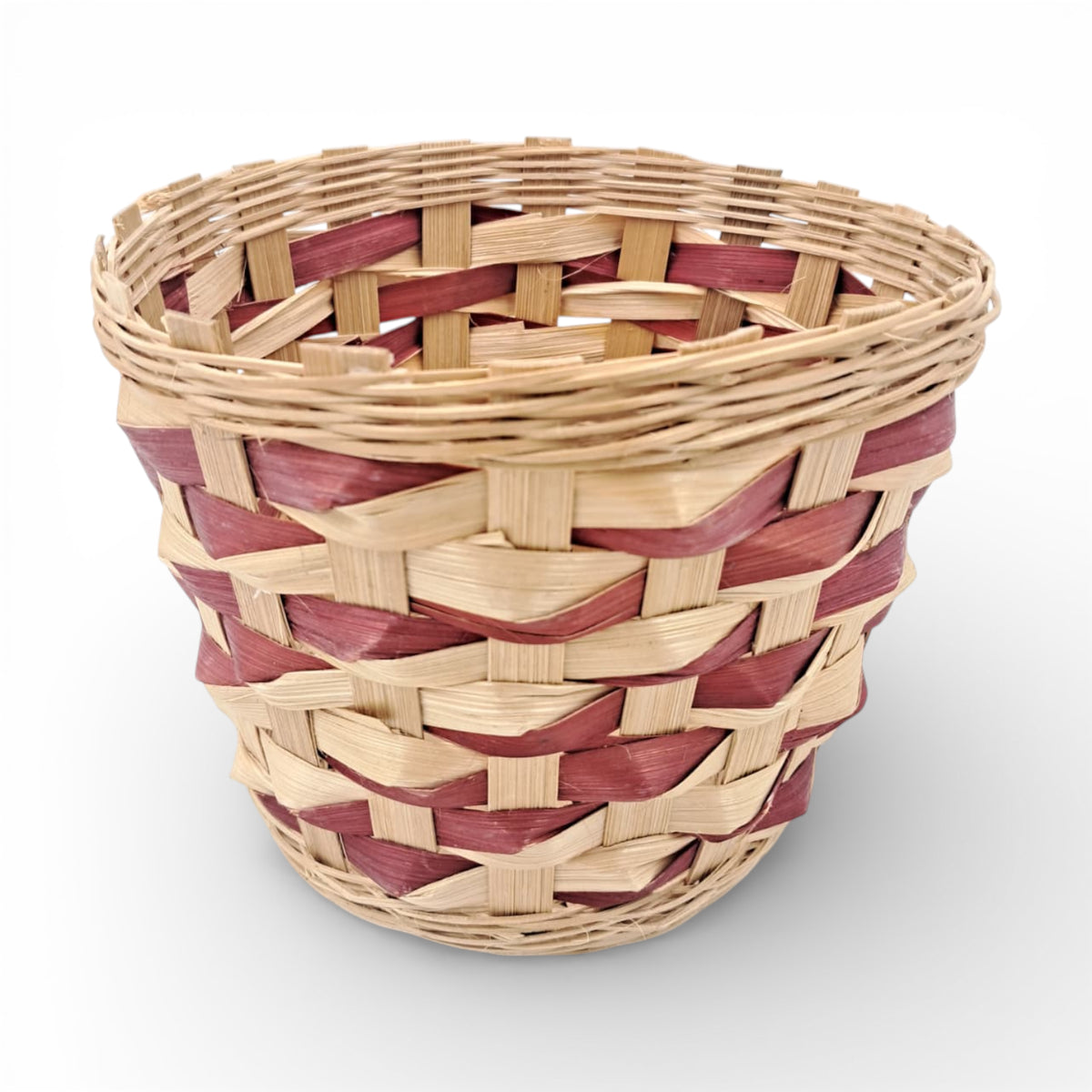 Handwoven Round Bamboo Basket – Natural & Red Accent Decorative Storage Basket (16H x 19L × 19W CM) - Damoo
