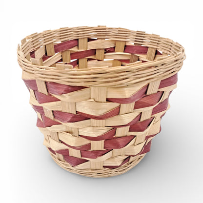 Handwoven Round Bamboo Basket – Natural & Red Accent Decorative Storage Basket (16H x 19L × 19W CM) - Damoo