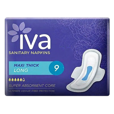 IVA Maxi Thick Long Sanitary Pads with Wings – Tri Fold, Breathable, Soft Top Sheet, Leak Protection – 9 Pads - Damoo