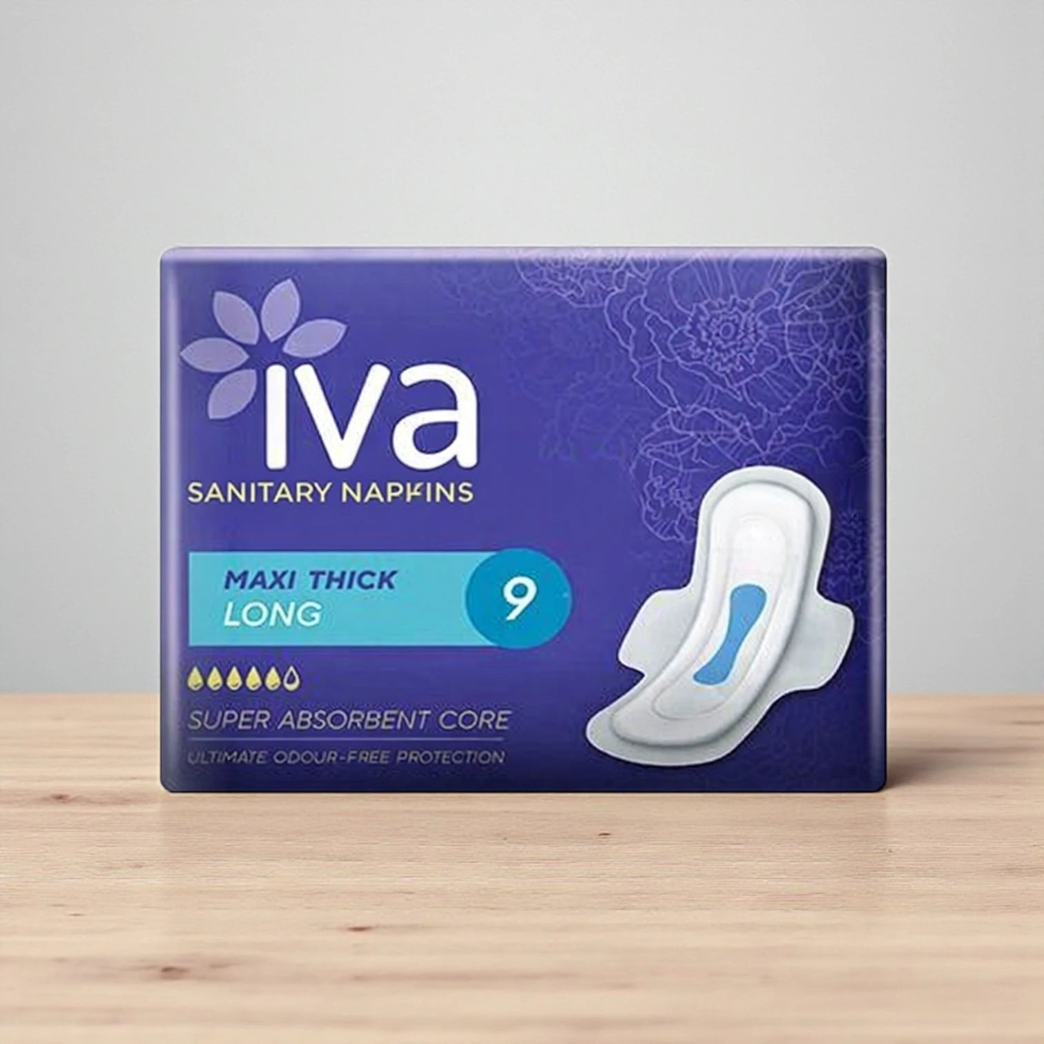 IVA Maxi Thick Long Sanitary Pads with Wings – Tri Fold, Breathable, Soft Top Sheet, Leak Protection – 9 Pads - Damoo