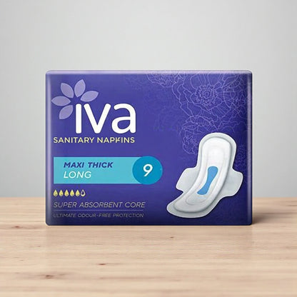 IVA Maxi Thick Long Sanitary Pads with Wings – Tri Fold, Breathable, Soft Top Sheet, Leak Protection – 9 Pads - Damoo