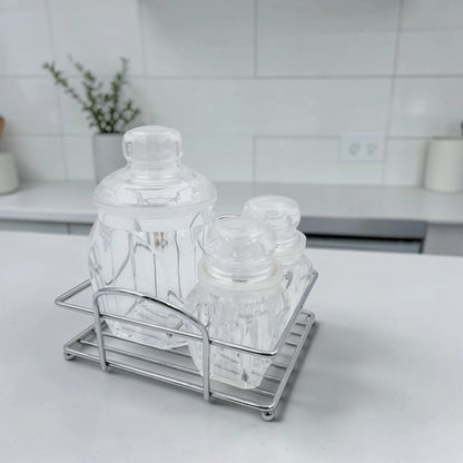 Acrylic Sugar Salt & Pepper Pot Set with Metal Rack, 3 Piece Clear Storage Jars with Lids for Kitchen Countertop Seasoning Organizer, Multi-Purpose Condiment Container Set - Damoo
