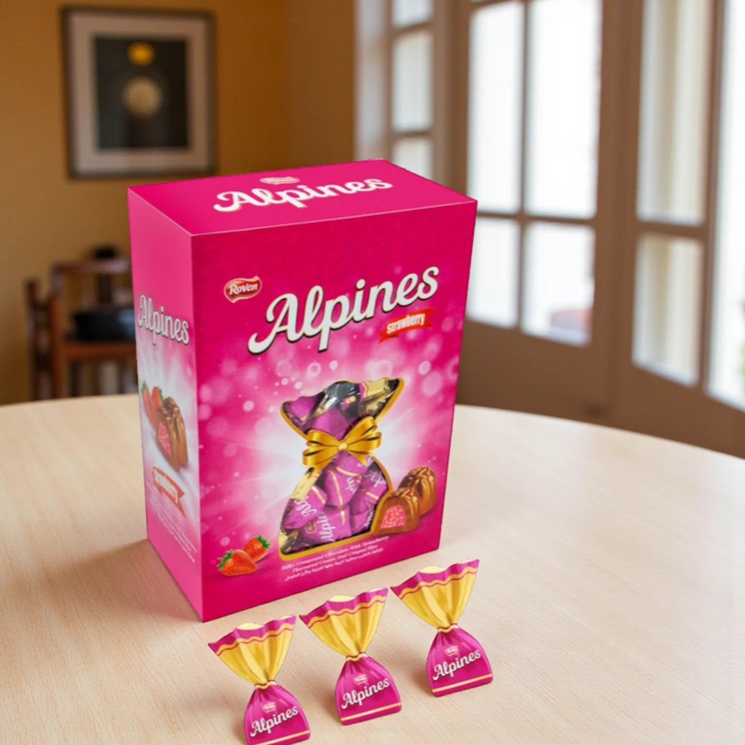Roven Alpines Strawberry Cream Filled Milk Chocolate with Crisped Rice – 1kg Premium Assorted Gift Box – Milky Compound Chocolate Candy with Strawberry Flavoured Center – Individually Wrapped – Perfect for Gifting, Sharing & Celebrations - Damoo