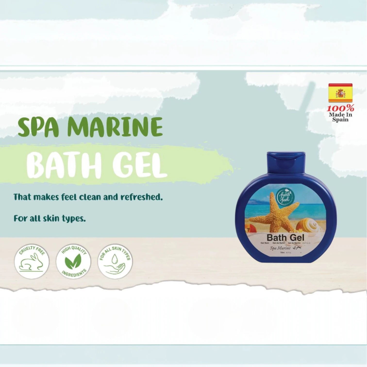 Fresh Feel Spa Marine Bath Gel 750ml – Paraben-Free, Eco-Friendly, Hydrating Sea-Scented Body Wash for All Skin Types - Damoo