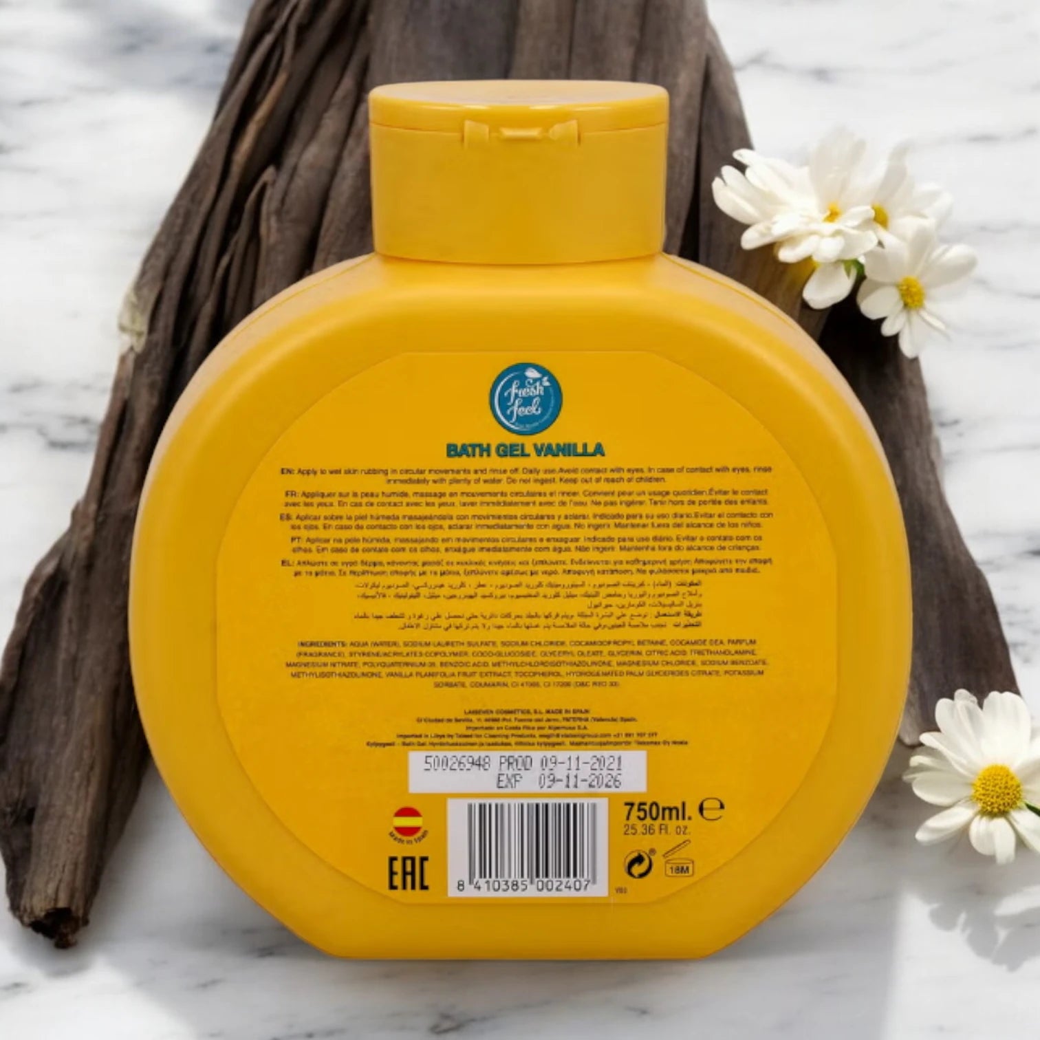 Fresh Feel Vanilla Bath Gel – 750ml - Moisturizing Sulphate & Paraben-Free Body Wash - With Vanilla & Lavender Extracts - Skin Softening Cleanser for Daily Use - Damoo