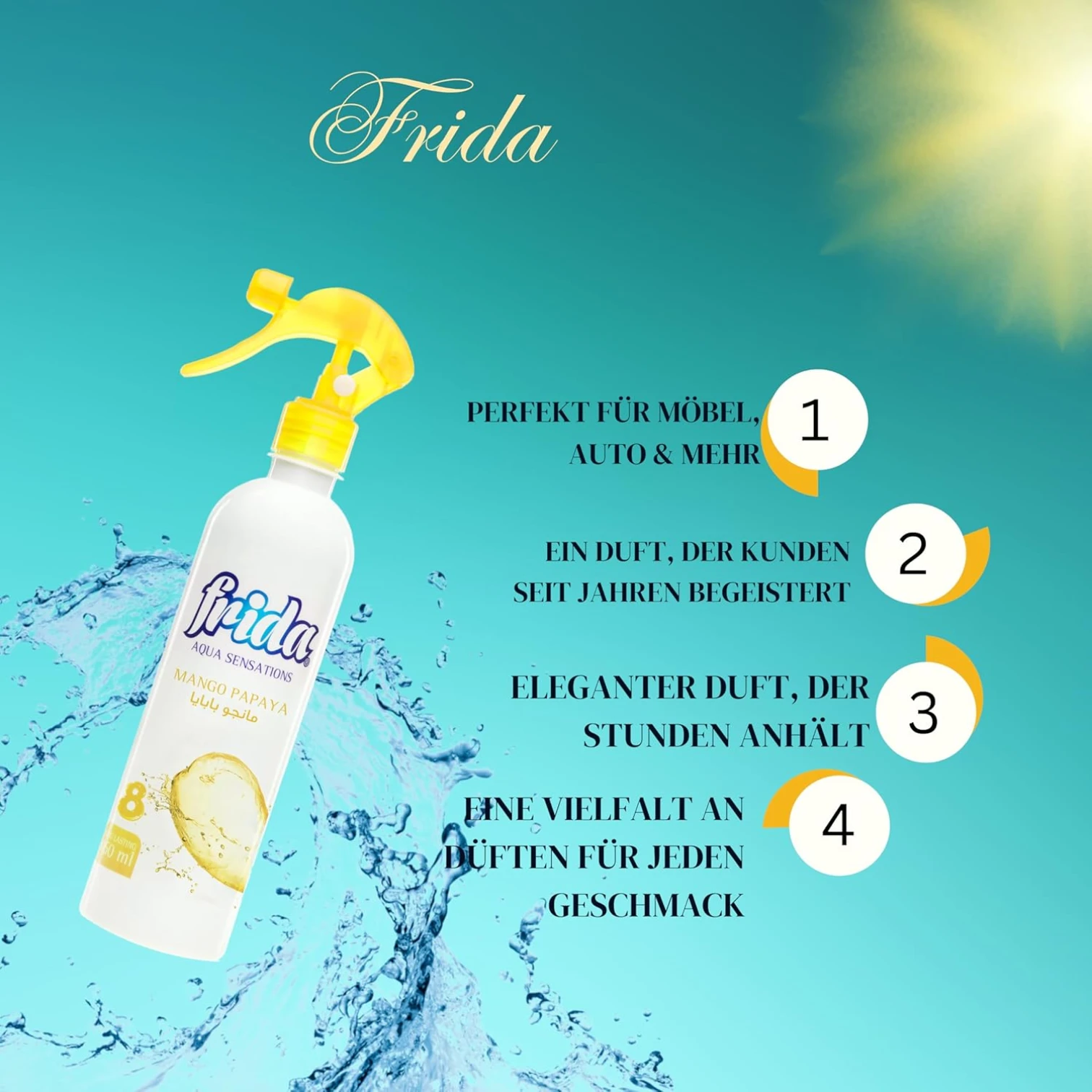Frida Aqua Satation Air Freshener Spray – Mango Papaya Scent – 460ml – Tropical Fruit Fragrance, Long-Lasting Room Spray - Damoo