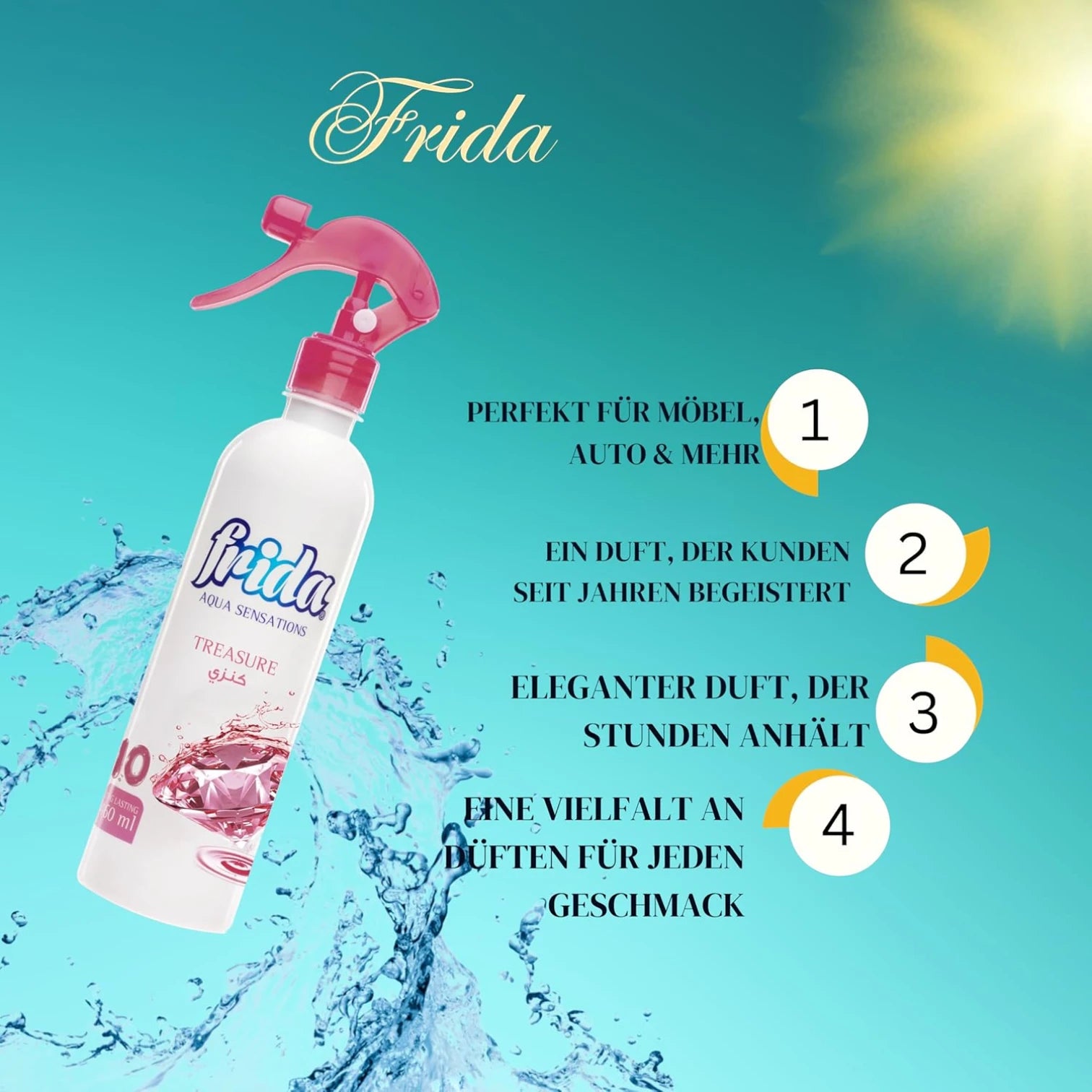 Frida Aqua Satation Air Freshener Spray – Treasure Scent – 460ml – Luxurious Room Spray with Long-Lasting Fragrance & Passive Diffusion - Damoo