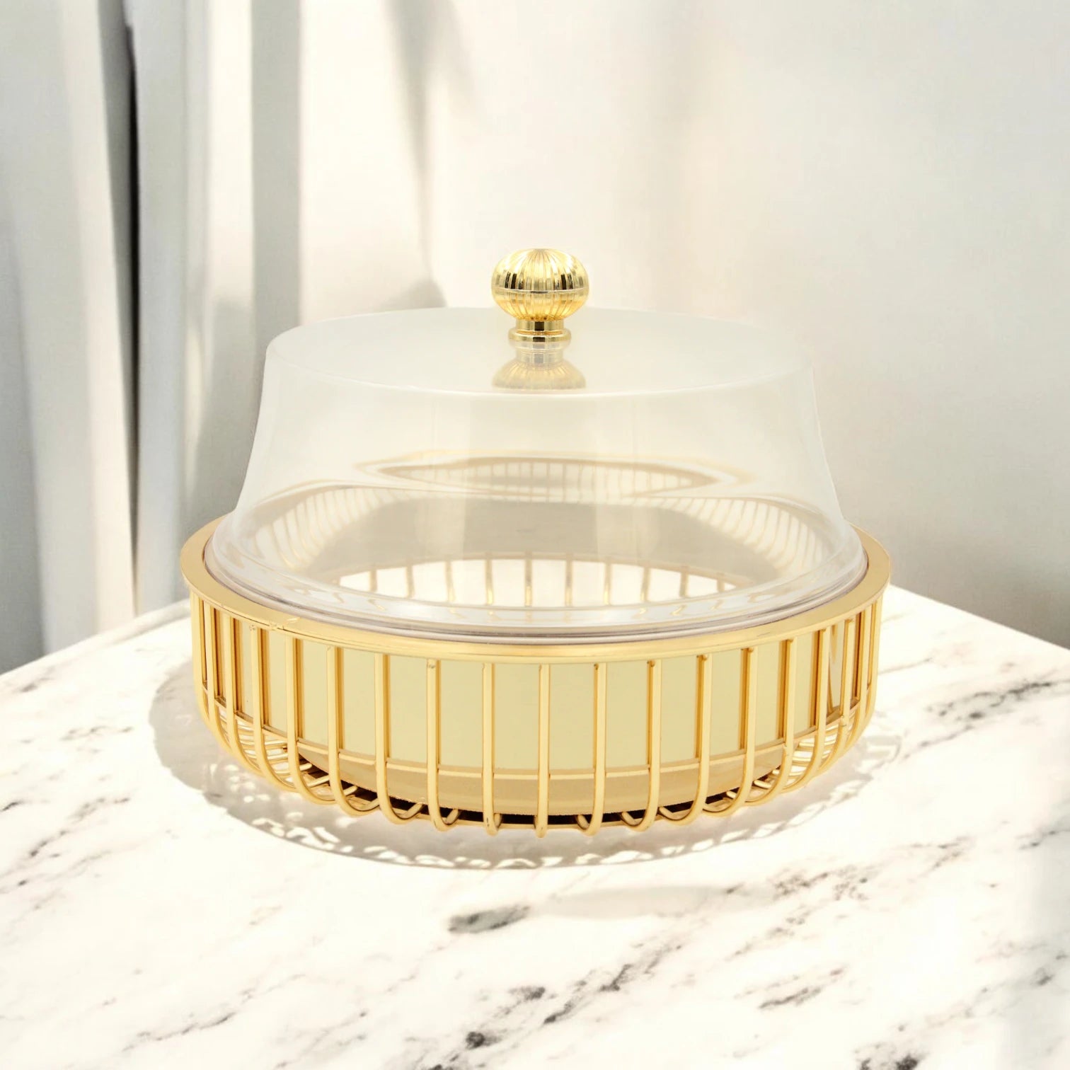 FURSAN Elegant Gold Cake Server with Clear Dome Lid – Decorative Base Dessert Display Stand for Cakes, Pastries & Sweets – Model AF-30CS-10 - Damoo