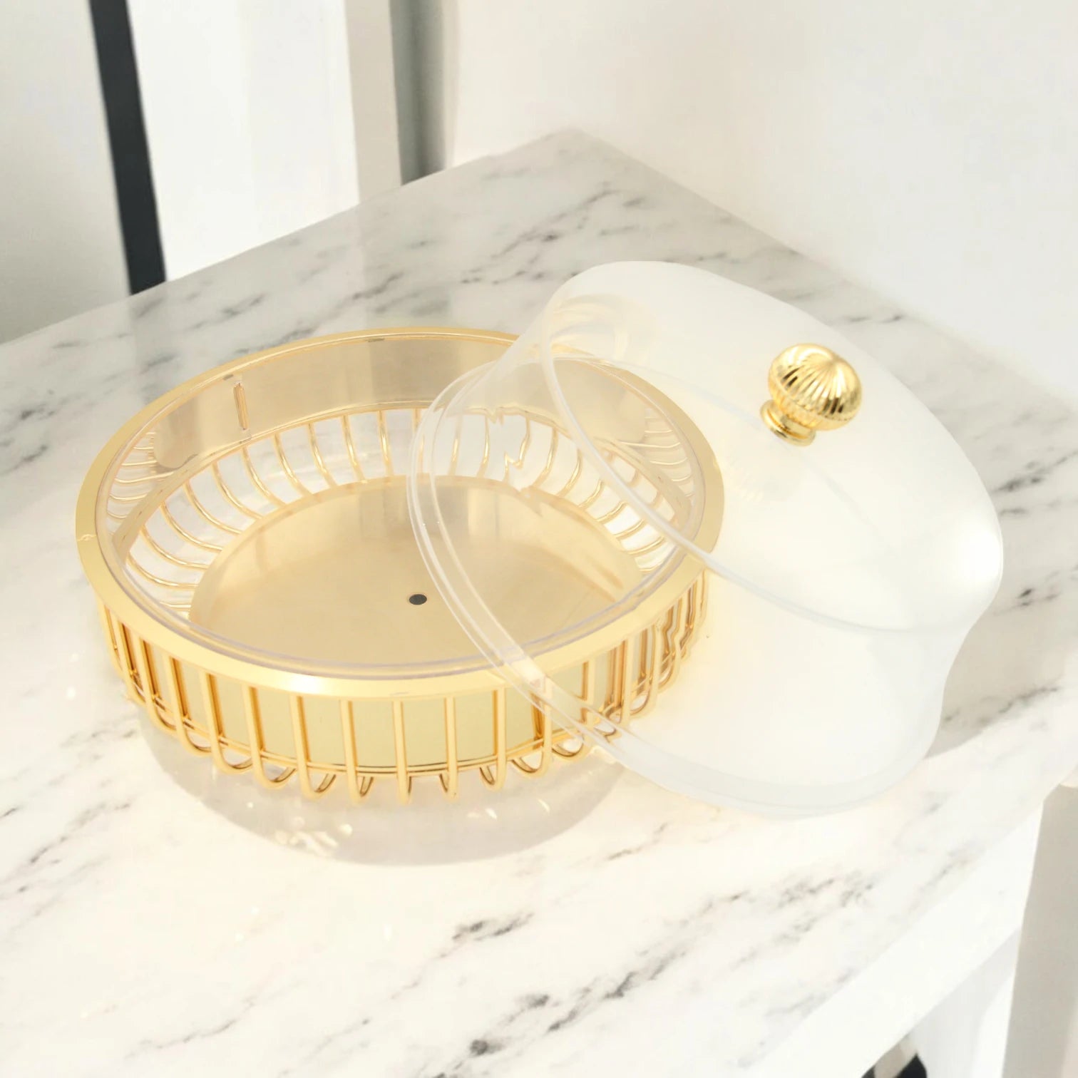 FURSAN Elegant Gold Cake Server with Clear Dome Lid – Decorative Base Dessert Display Stand for Cakes, Pastries & Sweets – Model AF-30CS-10 - Damoo
