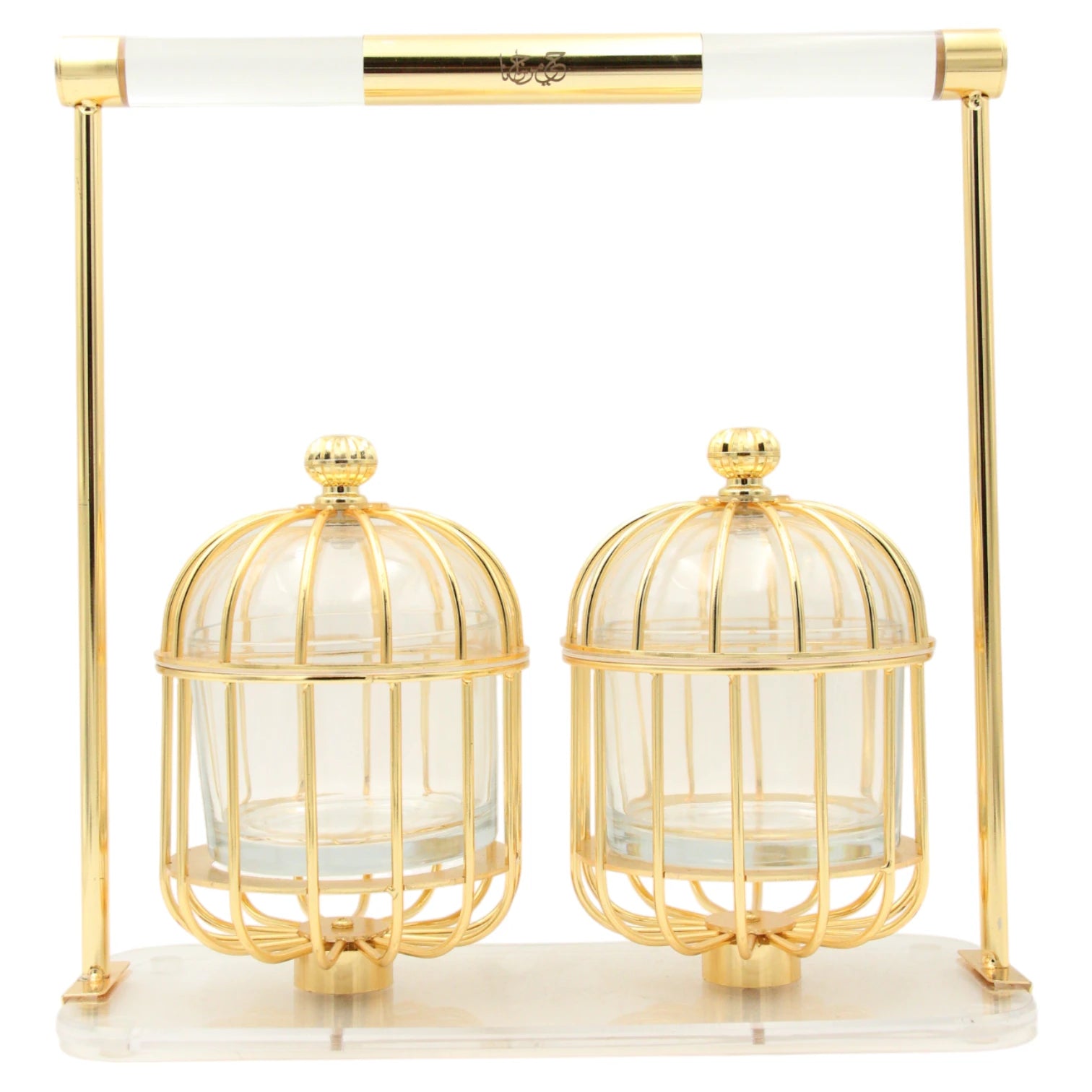 FURSAN Luxury Gold Candy Box with Double Glass Containers and Acrylic Stand – Elegant Birdcage Design for Serving Dates, Nuts, Sweets, and Desserts – Decorative Ramadan and Eid Gift Set - Damoo