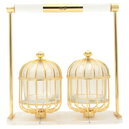FURSAN Luxury Gold Candy Box with Double Glass Containers and Acrylic Stand – Elegant Birdcage Design for Serving Dates, Nuts, Sweets, and Desserts – Decorative Ramadan and Eid Gift Set - Damoo