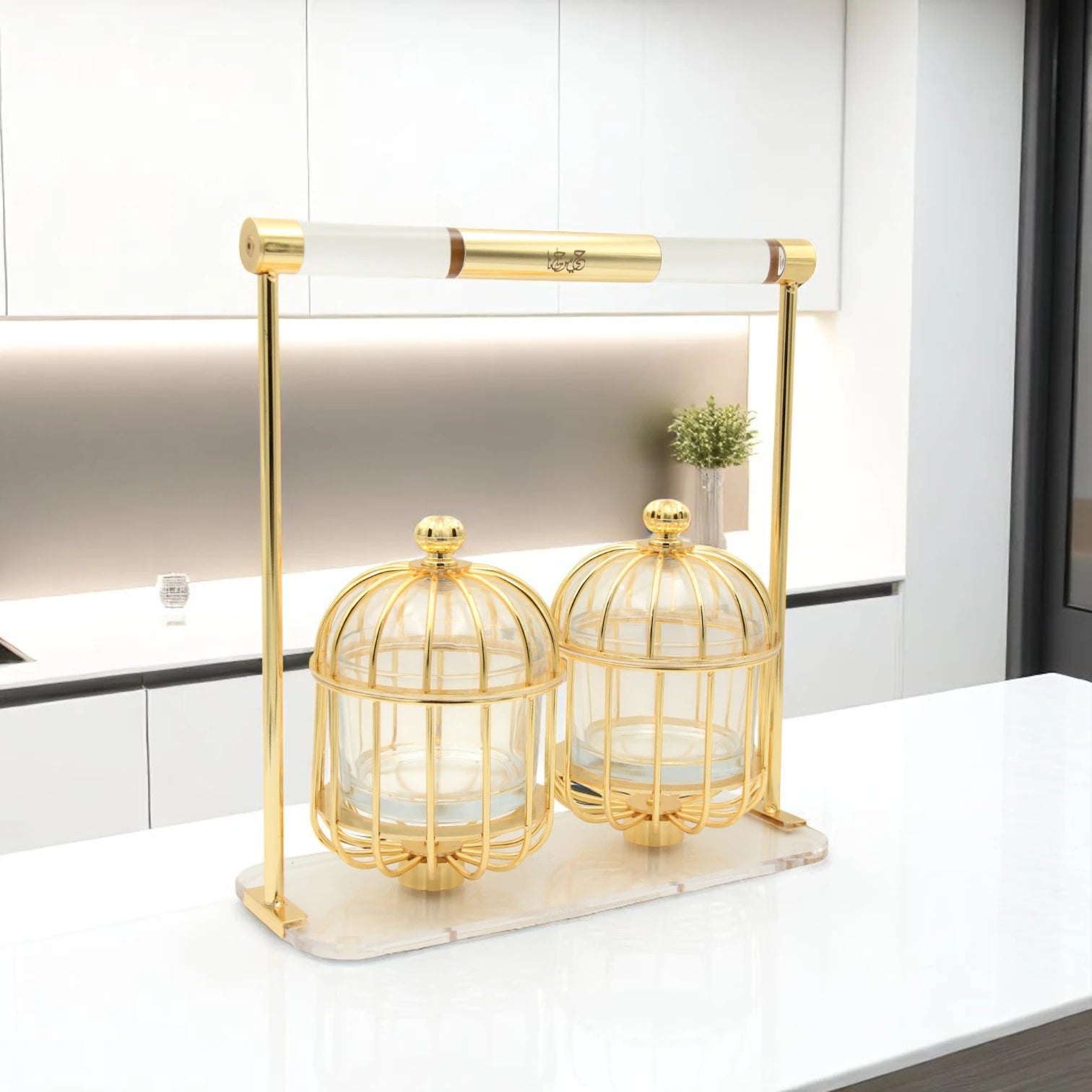 FURSAN Luxury Gold Candy Box with Double Glass Containers and Acrylic Stand – Elegant Birdcage Design for Serving Dates, Nuts, Sweets, and Desserts – Decorative Ramadan and Eid Gift Set - Damoo