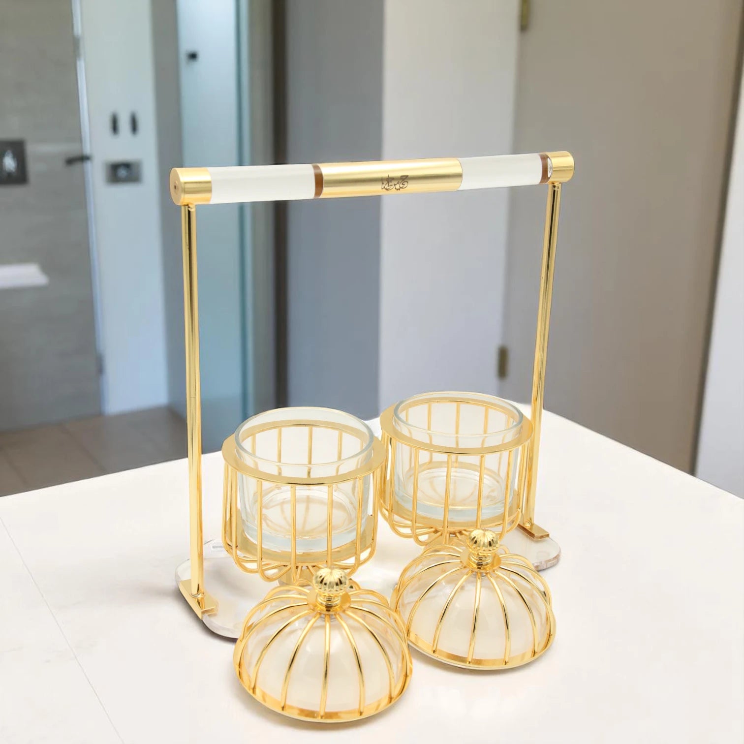 FURSAN Luxury Gold Candy Box with Double Glass Containers and Acrylic Stand – Elegant Birdcage Design for Serving Dates, Nuts, Sweets, and Desserts – Decorative Ramadan and Eid Gift Set - Damoo