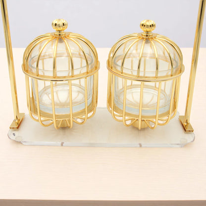 FURSAN Luxury Gold Candy Box with Double Glass Containers and Acrylic Stand – Elegant Birdcage Design for Serving Dates, Nuts, Sweets, and Desserts – Decorative Ramadan and Eid Gift Set - Damoo