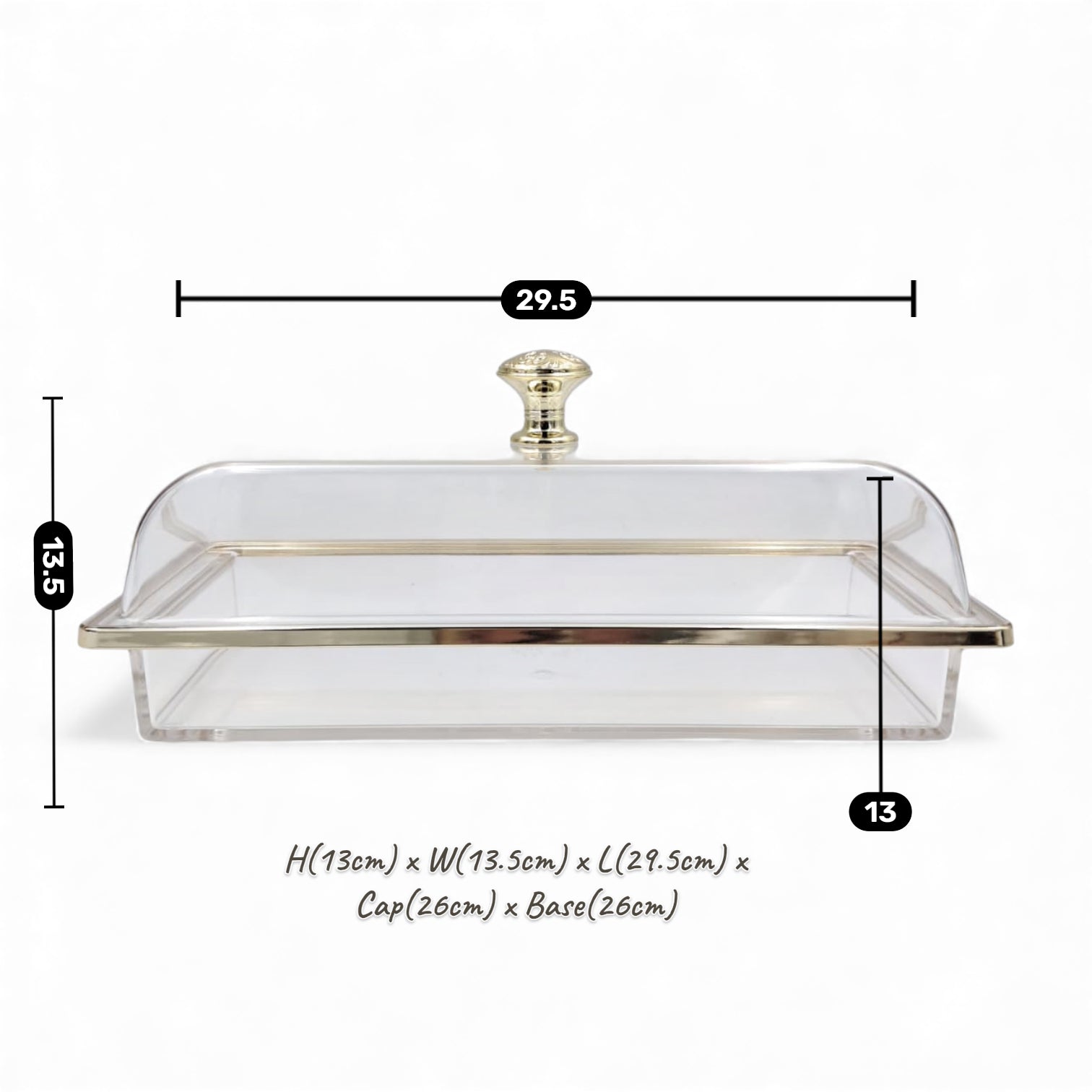 Multifunctional Rectangular Acrylic Cake Stand with Clear Dome Lid – Serving Tray & Pastry Display for Parties, Kitchen & Buffet – Gold & Silver Knob Options (H13cm × L29.5cm × W13.5cm × Cap26cm × Base26cm) - Damoo