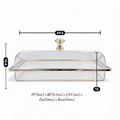 Multifunctional Rectangular Acrylic Cake Stand with Clear Dome Lid – Serving Tray & Pastry Display for Parties, Kitchen & Buffet – Gold & Silver Knob Options (H13cm × L29.5cm × W13.5cm × Cap26cm × Base26cm) - Damoo