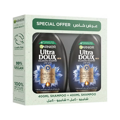 Garnier Ultra Doux Charcoal & Nigella Seed Oil Shampoo | 2 x 400ml | Purifying & Shine Formula for Dull Hair | Tested on Hijab Wearers - Damoo