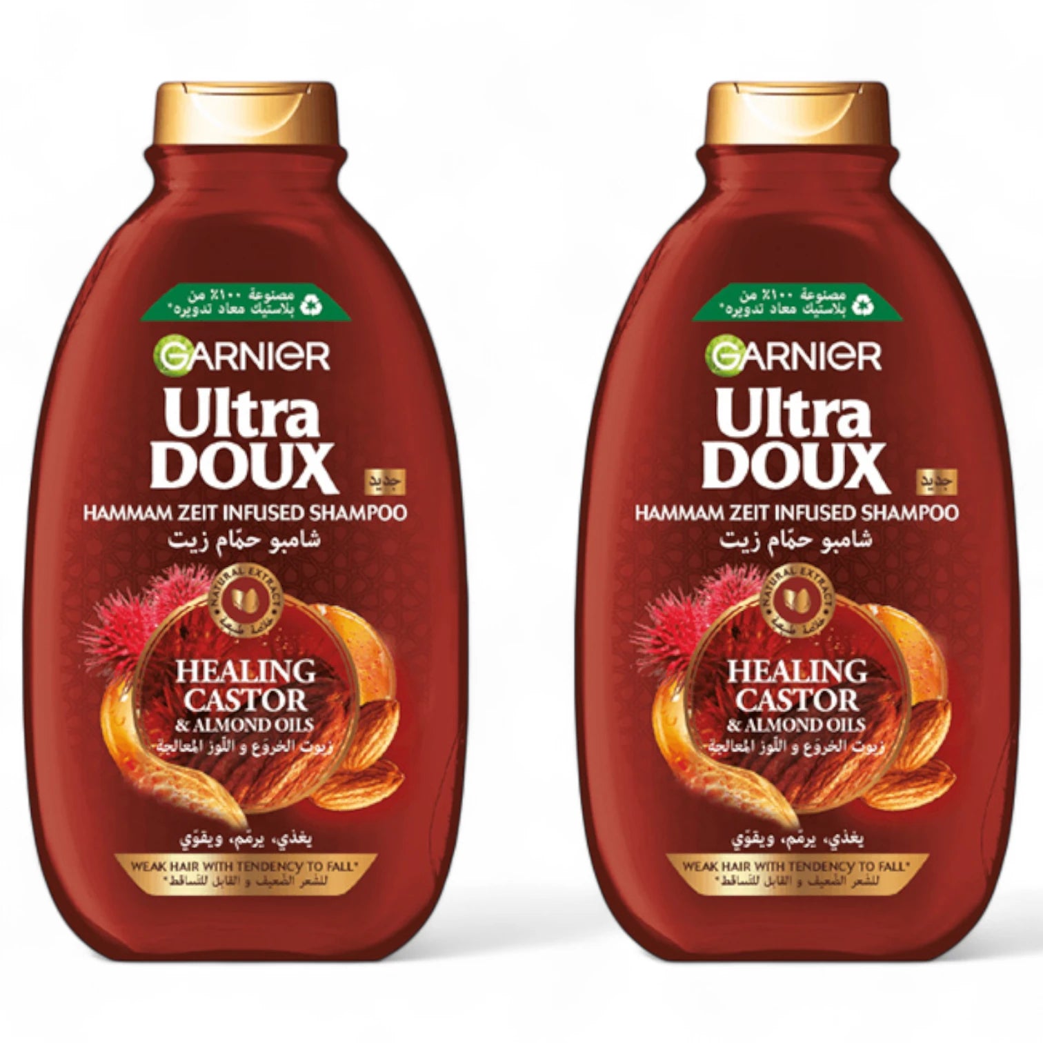 Garnier Ultra Doux Healing Castor & Almond Oil Shampoo | 2 x 400ml | Strengthening for Weak, Hair Fall-Prone Hair | Alcohol-Free - Damoo