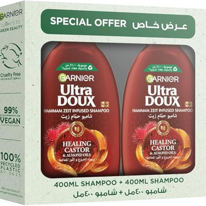 Garnier Ultra Doux Healing Castor & Almond Oil Shampoo | 2 x 400ml | Strengthening for Weak, Hair Fall-Prone Hair | Alcohol-Free - Damoo