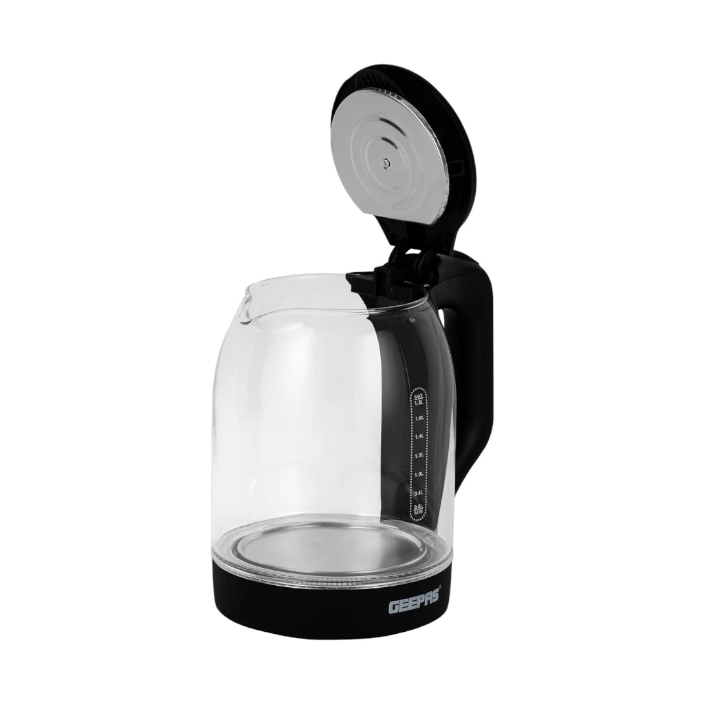 Geepas 1.8L Electric Glass Kettle GK9901B – 1500W Corded Glass Kettle with Auto Shut-Off, Boil Dry Protection, Cool-Touch Handle & 360° Rotating Base – Clear/Black - Damoo