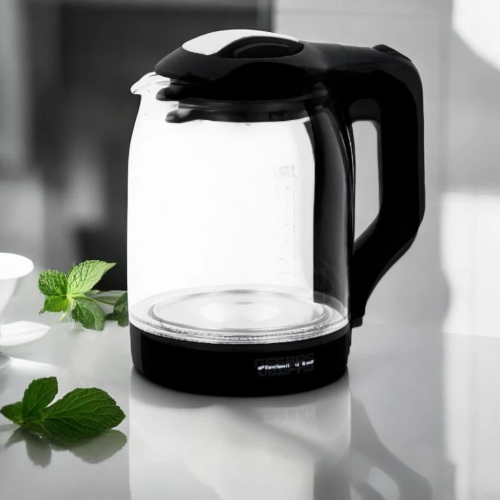 Geepas 1.8L Electric Glass Kettle GK9901B – 1500W Corded Glass Kettle with Auto Shut-Off, Boil Dry Protection, Cool-Touch Handle & 360° Rotating Base – Clear/Black - Damoo
