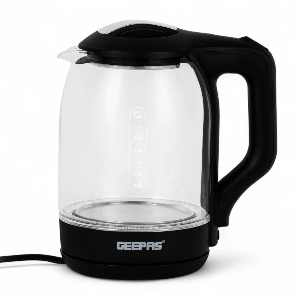 Geepas 1.8L Electric Glass Kettle GK9901B – 1500W Corded Glass Kettle with Auto Shut-Off, Boil Dry Protection, Cool-Touch Handle & 360° Rotating Base – Clear/Black - Damoo