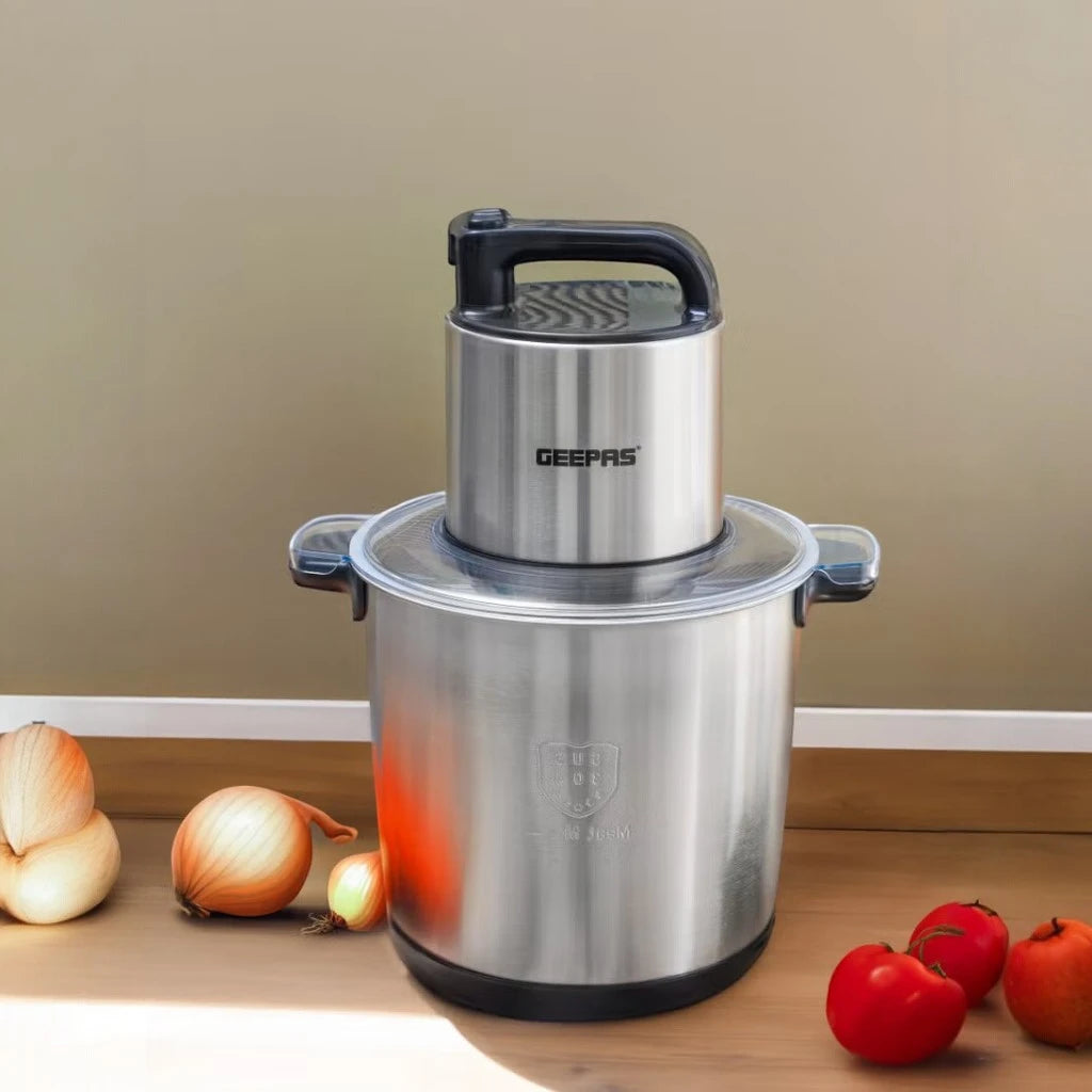 Geepas 10L Multi-Purpose Electric Chopper with 1500W Power, Dual Speed, Stainless Steel Housing & Titanium Blades – Meat, Vegetables, Fruits – Black & Silve - GMC42031 - Damoo