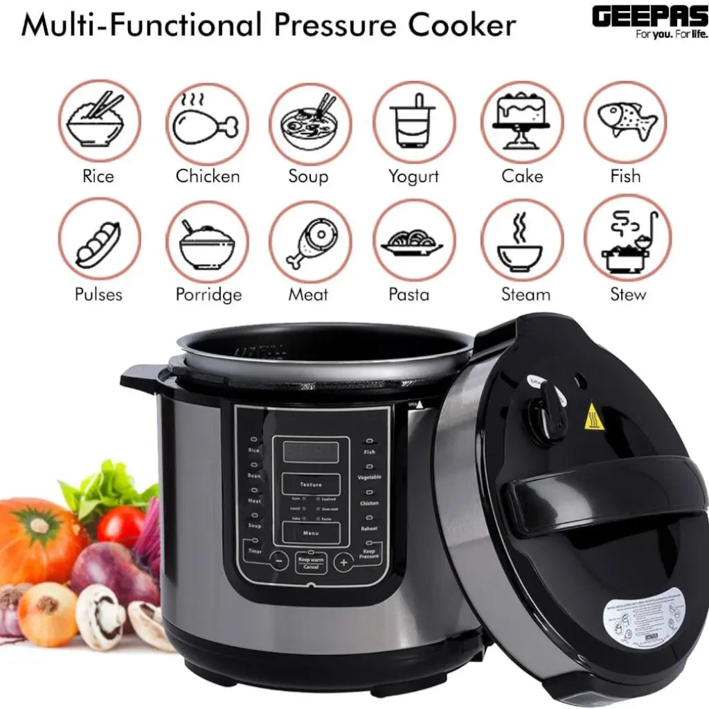 Geepas 12L Digital Multi Cooker – 1600W Electric Pressure Cooker with LED Display, 14 Smart Cooking Programs, Touch Control, Auto Shut Off, and Non-Stick Inner Pot – GMC35030 - Silver/Black - Damoo