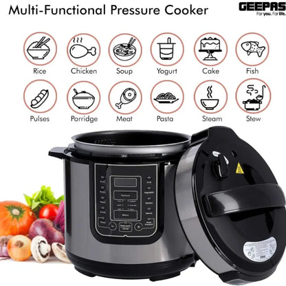Geepas 12L Digital Multi Cooker – 1600W Electric Pressure Cooker with LED Display, 14 Smart Cooking Programs, Touch Control, Auto Shut Off, and Non-Stick Inner Pot – GMC35030 - Silver/Black - Damoo