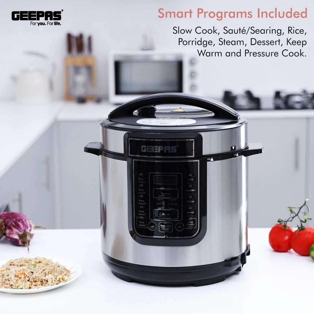 Geepas 12L Digital Multi Cooker – 1600W Electric Pressure Cooker with LED Display, 14 Smart Cooking Programs, Touch Control, Auto Shut Off, and Non-Stick Inner Pot – GMC35030 - Silver/Black - Damoo