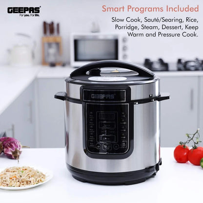 Geepas 12L Digital Multi Cooker – 1600W Electric Pressure Cooker with LED Display, 14 Smart Cooking Programs, Touch Control, Auto Shut Off, and Non-Stick Inner Pot – GMC35030 - Silver/Black - Damoo