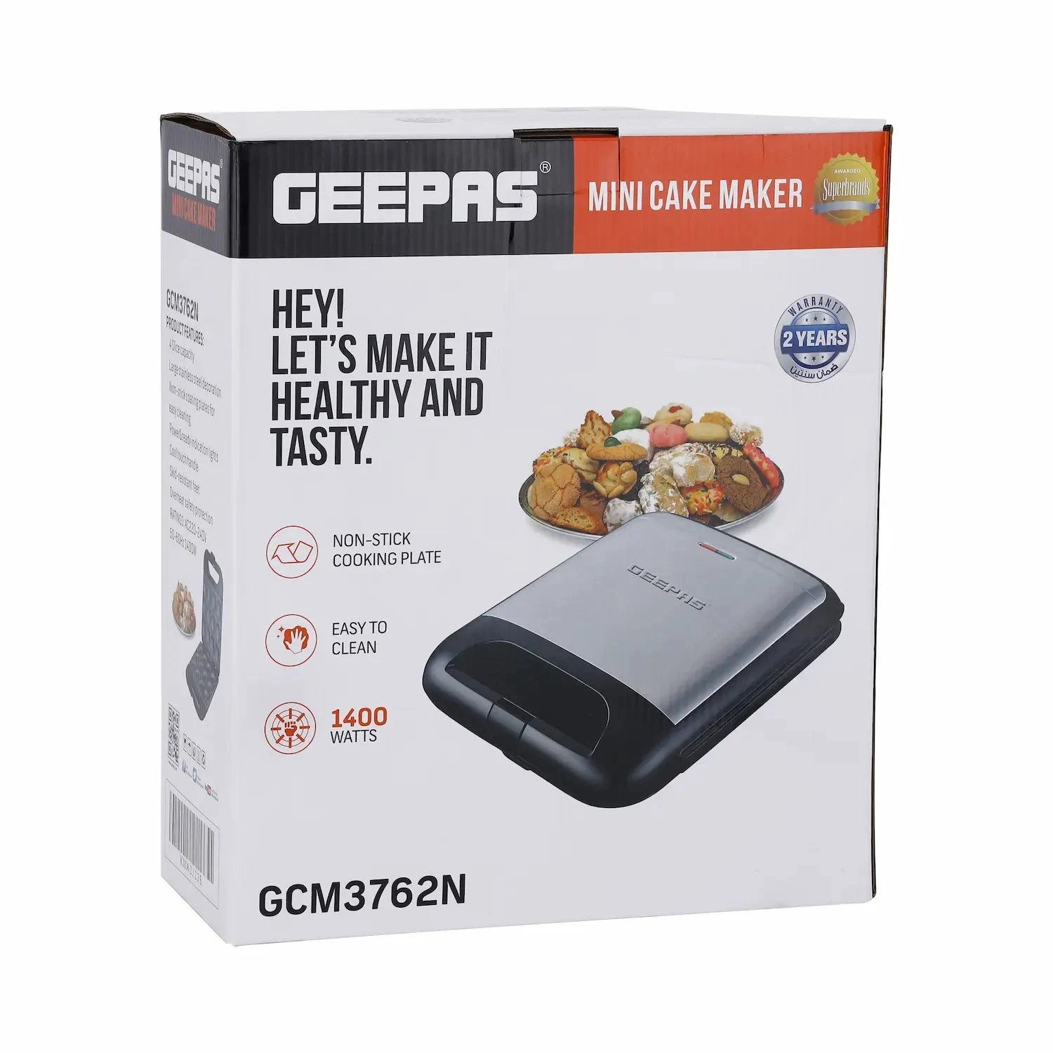 Geepas 1400W 12-Piece Mini Cake Maker GCM3762N – Compact Electric Pie & Cupcake Maker with Non-Stick Plates, Power & Ready Indicators, Cool Touch Handle & Non-Slip Feet – Fast & Easy Baking Machine - Damoo